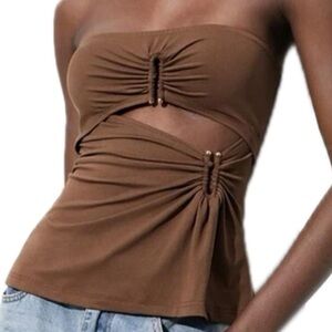 Brown Strapless Ruched Cutout Top | Bandeau Going Out Top